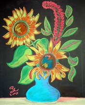 Pastel of two sunflowers and a red amaranthus by artist Angie Young