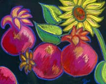 3 pomegranates and a sunflower by artist Angela Young