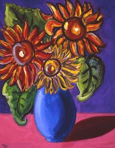 Post-Impressionism painting of three sunflowers in a vase by artist Angie Young