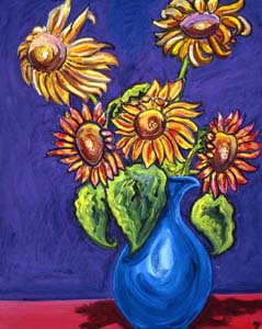 Post-Impressionism painting of 5 Sunflowers in a vase by artist Angie Young