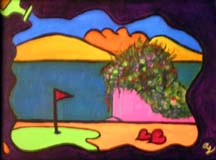 Whimsical painting on a golf course by artist Angie Young