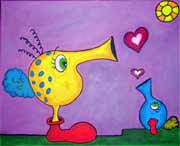 Painting of critter trumpeting love by Angie Young, artist