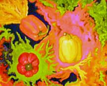 painting of bell peppers exploding through space by artist Angie Young