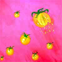 Painting of Tomatos floating in Space by artist Angie Young